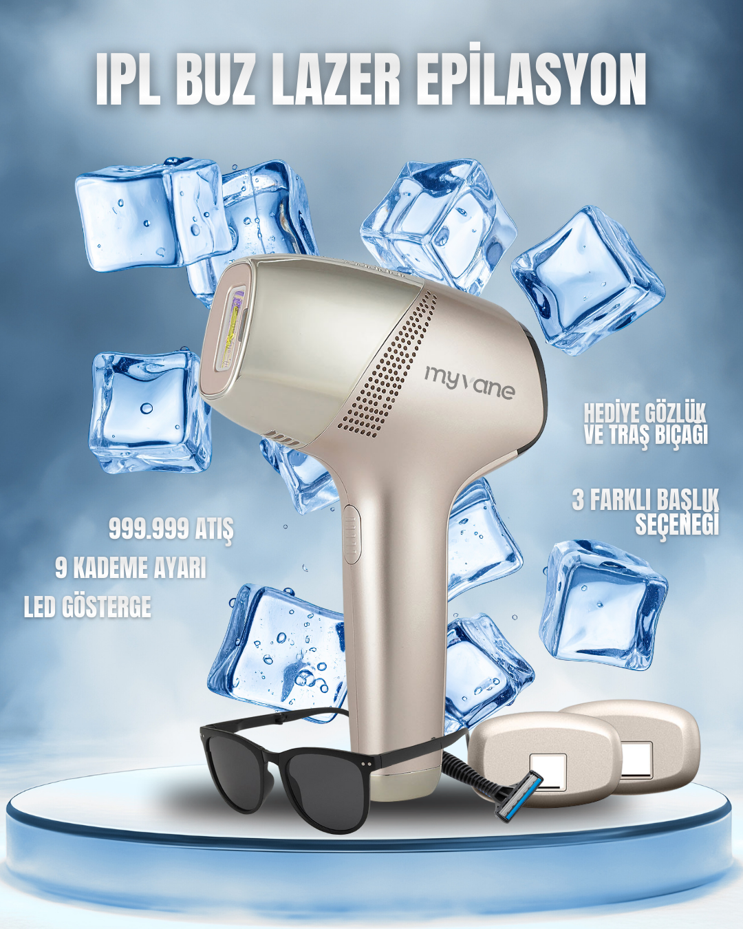 1 myvane IPL Buz Başlıklı Lazer Epilasyon Cihazı - 999.999 Atım, 9 Kademe, 3 Başlık - Görsel 1